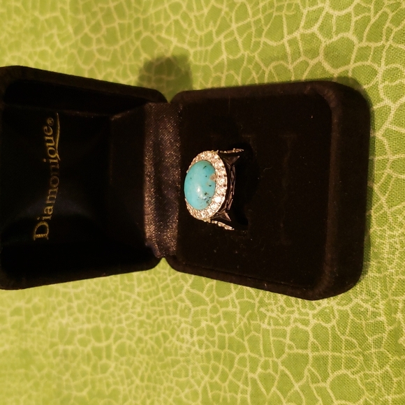 Turquoise,  diamonique, platinum over sterling ring - Picture 1 of 6